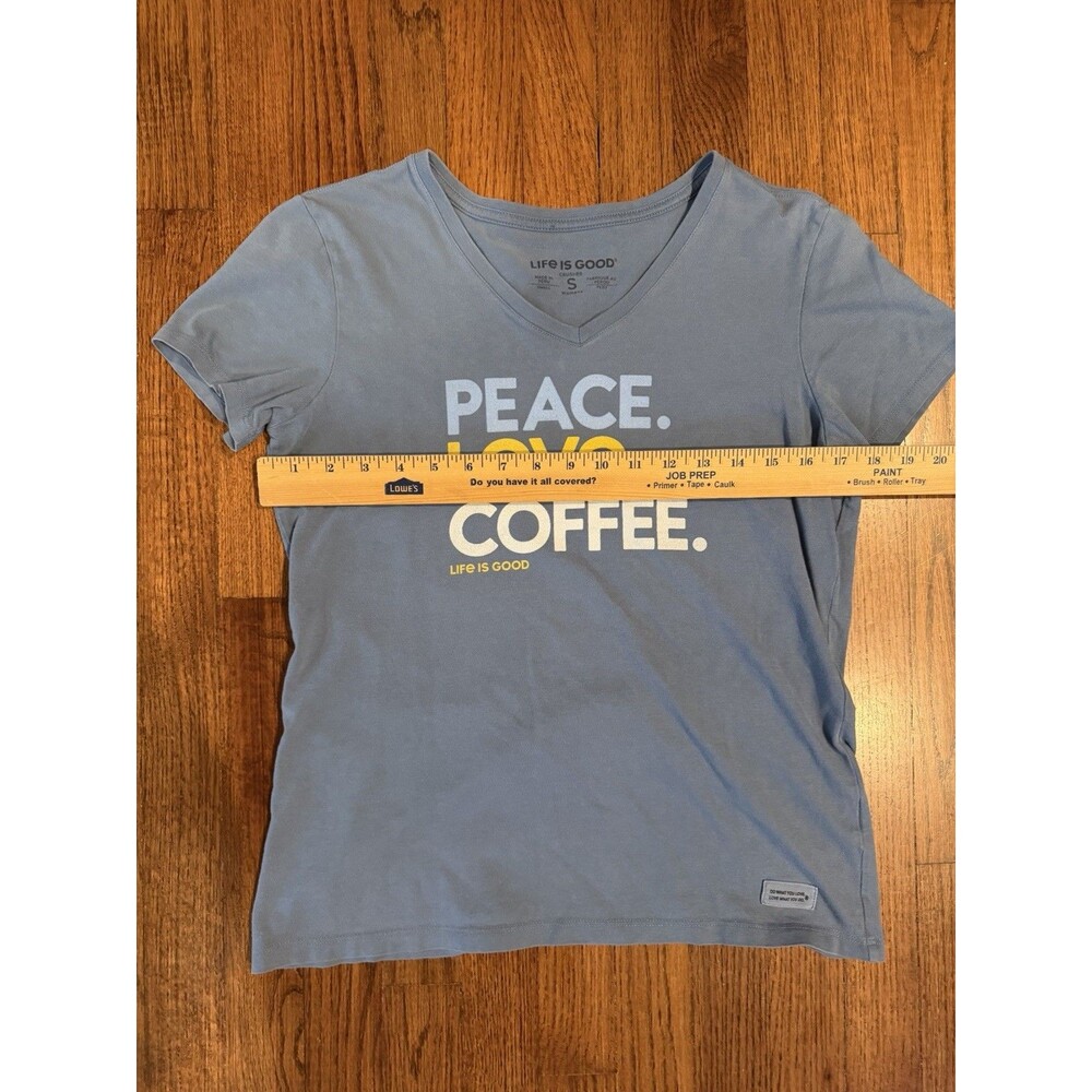 Life is Good Womens S Peace Love Coffee Crusher V Neck‎ T Shirt Blue - Picture 4 of 7